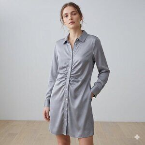 GAP Women's Ruched Button Front Long Sleeve Shirt Dress Gray Size Large NWT